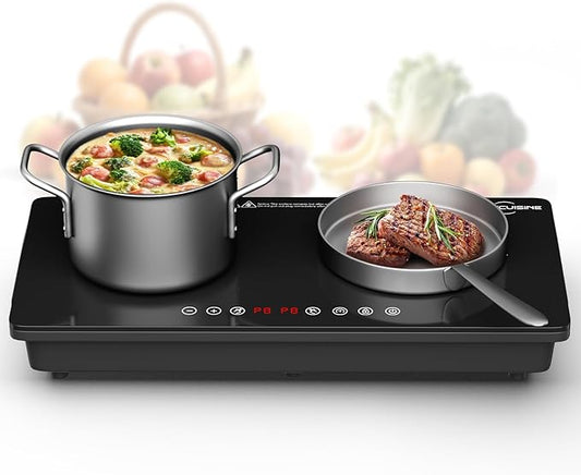 1800W Double Induction Burner, Minimal Cross-Pattern Panel, 2×900W Cooking Zones, Touch Control, 8 Power Levels, 1–99 min Timer, Durable Ceramic Glass for Magnetic Pots