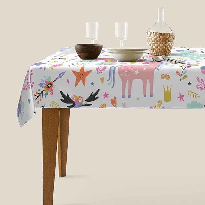 TKS MITLAN Unicorn Tablecloth Decor Rainbow Cute Doodle Fun Beautiful Cartoon Art Blue Flowers Leaf Table Cloth Dining Room Kitchen Table Cover 60" X 84" Oblong/Rectangle