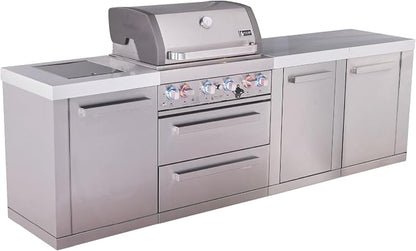 Mont Alpi Premium 107"W x 23"D x 46"H Stainless Steel Modular Outdoor Kitchen Island with Infrared Side Burner + 32"W 4-Burner BBQ Grill + Granite Countertops + Storage Cabinets + Soft Close Drawers