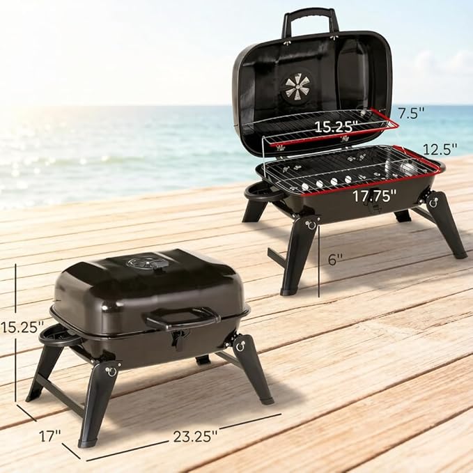 Small Charcoal Grill, Portable Outdoor BBQ Grill with Foldable Legs for Tabletop and Travel, Easy Temperature Control and Warming Rack for Cookouts