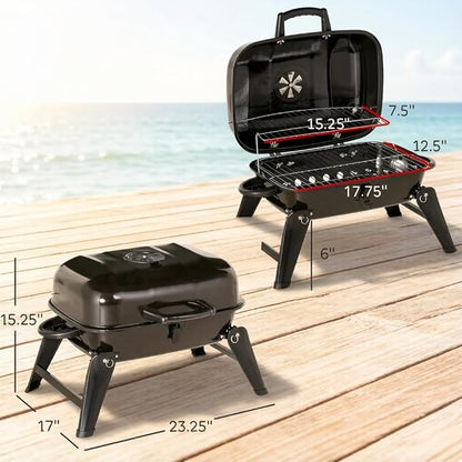 Small Charcoal Grill, Portable Outdoor BBQ Grill with Foldable Legs for Tabletop and Travel, Easy Temperature Control and Warming Rack for Cookouts
