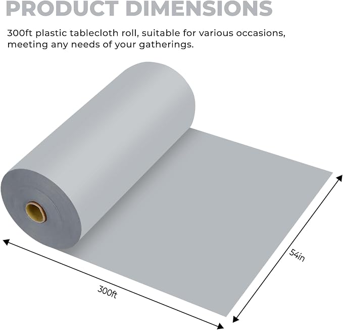54 Inch X 300 Feet Plastic Table Cover Roll Premium Disposable Plastic Tablecloth for All Type/Shape Tables | Picnic, Party, Banquet, Birthdays, Weddings (Silver Grey, 54 Inch X 300 Feet)