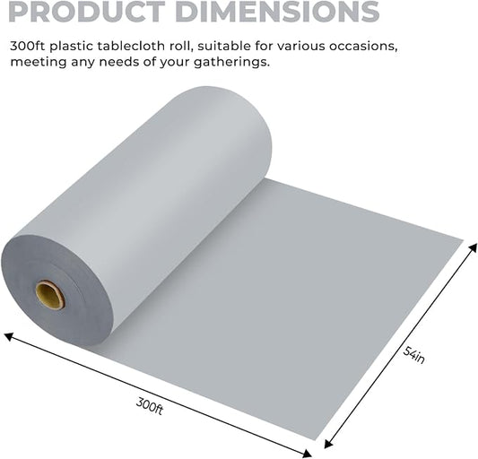 54 Inch X 300 Feet Plastic Table Cover Roll Premium Disposable Plastic Tablecloth for All Type/Shape Tables | Picnic, Party, Banquet, Birthdays, Weddings (Silver Grey, 54 Inch X 300 Feet)