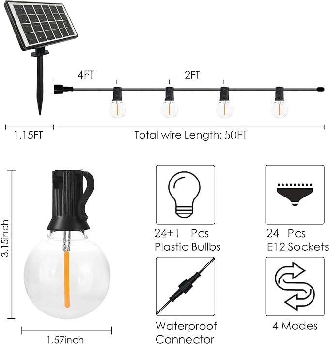 SUNTHIN 50ft Solar String Lights, USB Rechargeable Solar Outdoor Lights with 24 Waterproof & Shatterproof G40 LED Bulbs for Patio, Porch, Garden, Deck, Bistro, Cafe, Camping