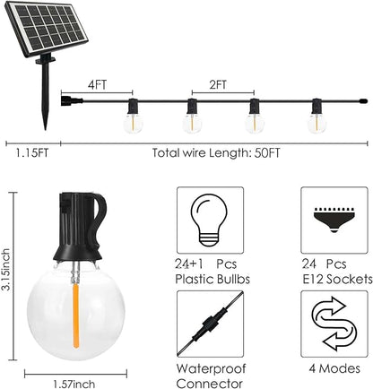 SUNTHIN 50ft Solar String Lights, USB Rechargeable Solar Outdoor Lights with 24 Waterproof & Shatterproof G40 LED Bulbs for Patio, Porch, Garden, Deck, Bistro, Cafe, Camping