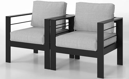 Kiss the Water Aluminum Patio Sofa, 2 PCS Light Grey Outdoor Couch | All-weather rust-proof aluminum frame with 5" thick olefin cushions, ideal for patio, backyard, or porch. Modern design.