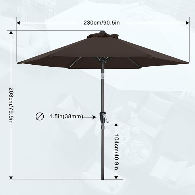 MASTERCANOPY 7.5ft Patio Umbrella with Tilt & Crank, Brown | 6 sturdy ribs;UV/water resistant;Vent;easy setup;for garden/deck/backyard/pool