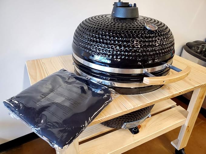 Black Outdoor Charcoal 26" Ceramic Egg Kamado BBQ Grill Smoker with Wood Table Pizza Stone and Canvas Cover