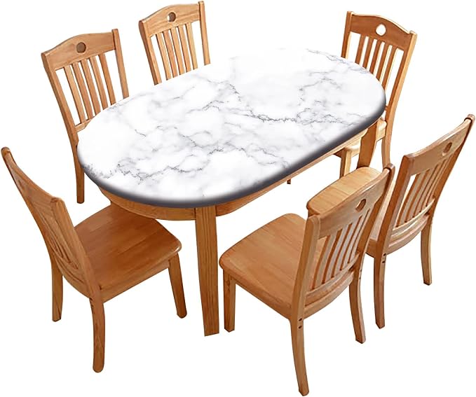 White Marble Polyester Oval Tablecloths, Ruitic Black and Grey Marble Pattern Elastic Fitted Table Cover, Table Cloth for Kitchen Dining, Party, Holiday, Christmas, Buffet, Fits up to 60x84 In Tables