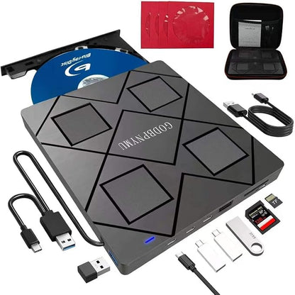 External blu ray Drive,8-in-1External blueray/DVD Drive for pc | Featuring USB*2 /C*2,TF/SD Card Reader blu ray Burner,Compatible with Windows 11/10/ 8/7/,Mac os. Comes with 1+4 Storage Bag