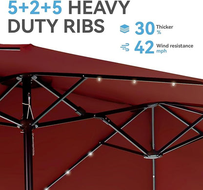 GREEN PARTY 15 ft Large Outdoor Patio Umbrella with Solar Led Lights & Base Included, Double-Sided Rectangular Table Umbrella with Stand, Market Umbrellas for Deck Poolside Garden Backyard, Red