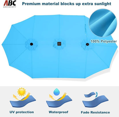 ABCCANOPY 15FT Solar LED Double-Sided Umbrella with Base, Turquoise | Rectangular Outdoor Table Umbrella with Crank, Heavy Duty Market Umbrella Shade for Garden,Poolside, Lawn, Backyard