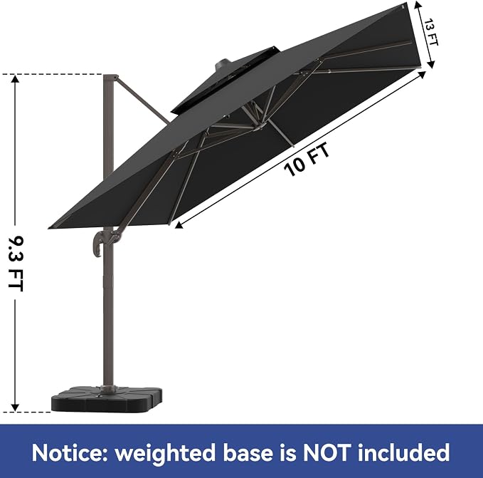 10x13FT Cantilever Outdoor Patio Umbrellas，Double Top Large Rectangle Umbrella Heavy Duty 360°Rotation Offset Outdoor Sun Shade Umbrella for Garden Deck Pool Backyard Patio, Black