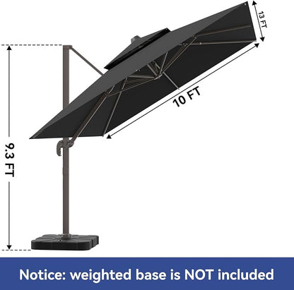 10x13FT Cantilever Outdoor Patio Umbrellas，Double Top Large Rectangle Umbrella Heavy Duty 360°Rotation Offset Outdoor Sun Shade Umbrella for Garden Deck Pool Backyard Patio, Black