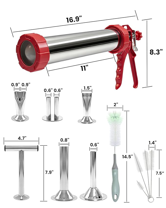 2LB Jerky Gun Kits, Sausage Stuffer, Stainless Steel Beef Meat Maker, Beef Stick Gun, Jerky Shooter Cannon with 5 Versatile Nozzles, 5 Cleaning Brushes and 1 Meat Pusher, Gifts for Women Men