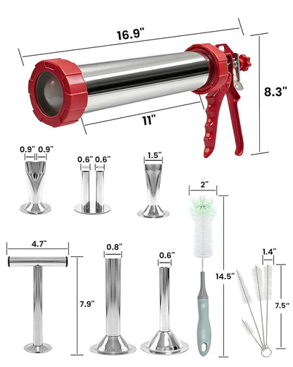 2LB Jerky Gun Kits, Sausage Stuffer, Stainless Steel Beef Meat Maker, Beef Stick Gun, Jerky Shooter Cannon with 5 Versatile Nozzles, 5 Cleaning Brushes and 1 Meat Pusher, Gifts for Women Men
