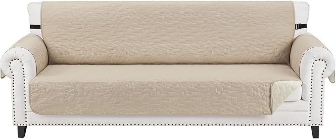 CUCRAF Non Slip Quilted Sofa Cover, Water Resistant Slipcover Furniture Protector for 4 Cushion Sofa Pet Friendly, Washable Couch Cover with Adjustable Elastic Straps (XX-Large, Beige)