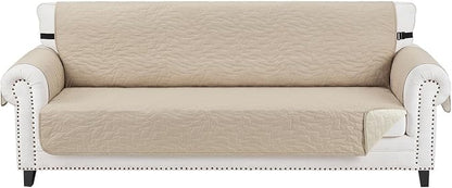 CUCRAF Non Slip Quilted Sofa Cover, Water Resistant Slipcover Furniture Protector for 4 Cushion Sofa Pet Friendly, Washable Couch Cover with Adjustable Elastic Straps (XX-Large, Beige)
