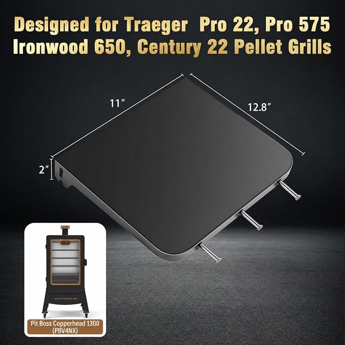 Folding Side Shelf for Pit Boss Copperhead 1300 PBV4NX 4 Series Smoker | 12.8 x 11 in Heavy-Duty Steel Prep Table with 3 Tool Hooks, Foldable Design for Extra Workspace and Easy Storage