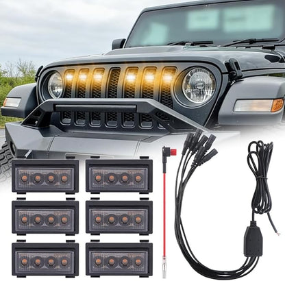 6 in 1 Grill Lights Fit for Jeep Wrangler 2018-2023, IP68 Waterproof Front Bumper Grille Light Daytime Running Light LED Runing Marker Lamp Accessories(Amber)
