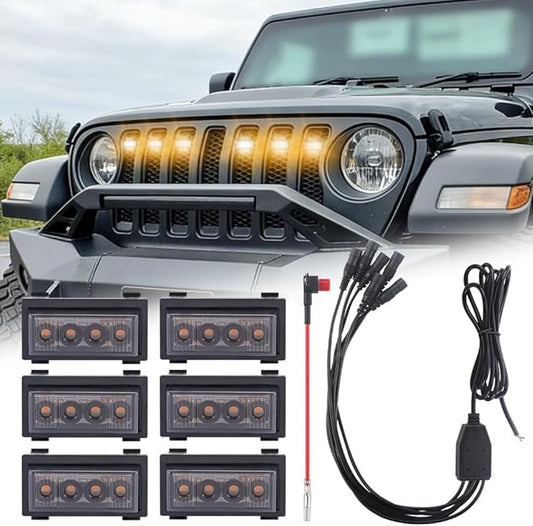 6 in 1 Grill Lights Fit for Jeep Wrangler 2018-2023, IP68 Waterproof Front Bumper Grille Light Daytime Running Light LED Runing Marker Lamp Accessories(Amber)