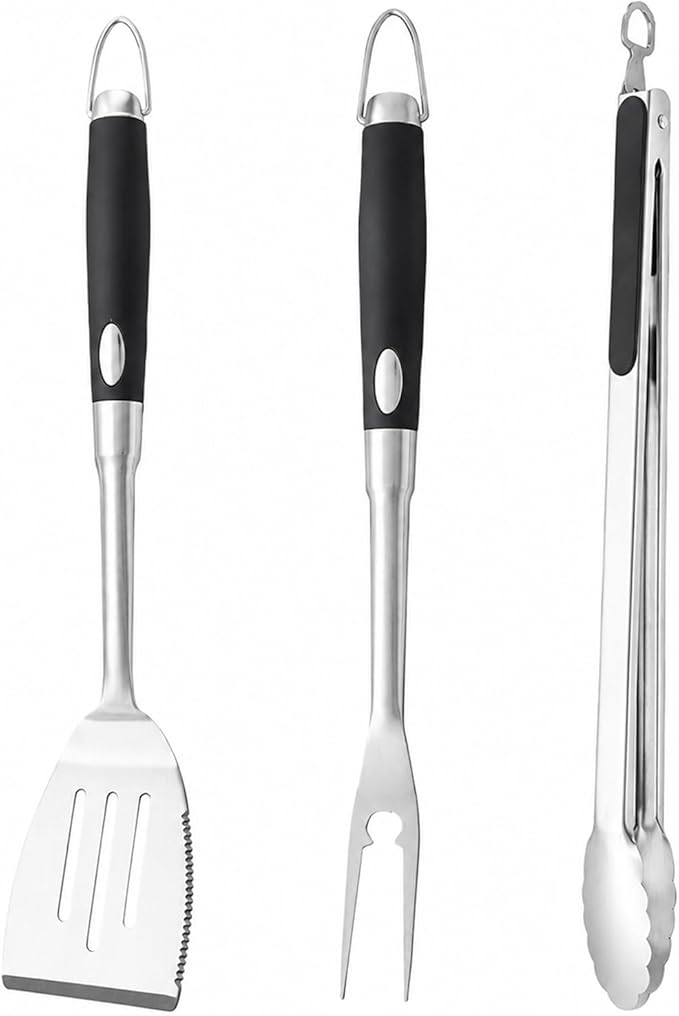 Heavy Duty Grilling Accessories Grill Tool Set 3-Piece Stainless Steel BBQ Utensils with Heat-Resistant Silicone Handle, Spatula, Tongs, Fork & Brush for Outdoor Cooking