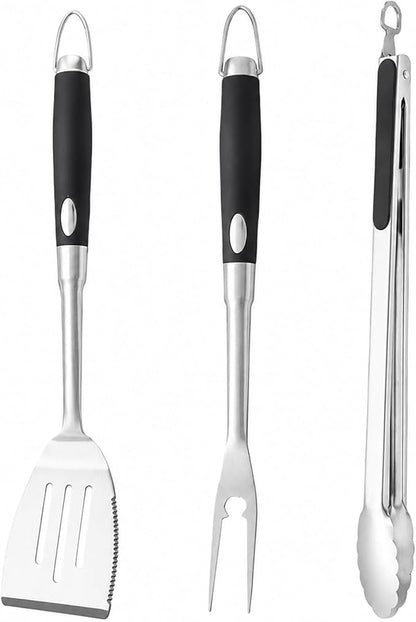 Heavy Duty Grilling Accessories Grill Tool Set 3-Piece Stainless Steel BBQ Utensils with Heat-Resistant Silicone Handle, Spatula, Tongs, Fork & Brush for Outdoor Cooking