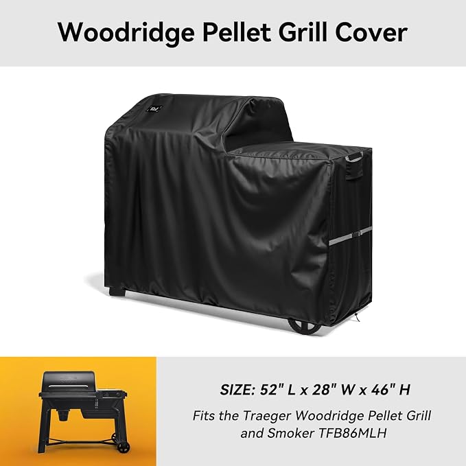 Waterproof Full-Length All Weather Grill Cover Accessory for Traeger Woodridge Pellet Grill and Smoker TFB86MLH,Tear & Fade Resistant Windproof Grill Cover with Buckle,Drawstring,Black