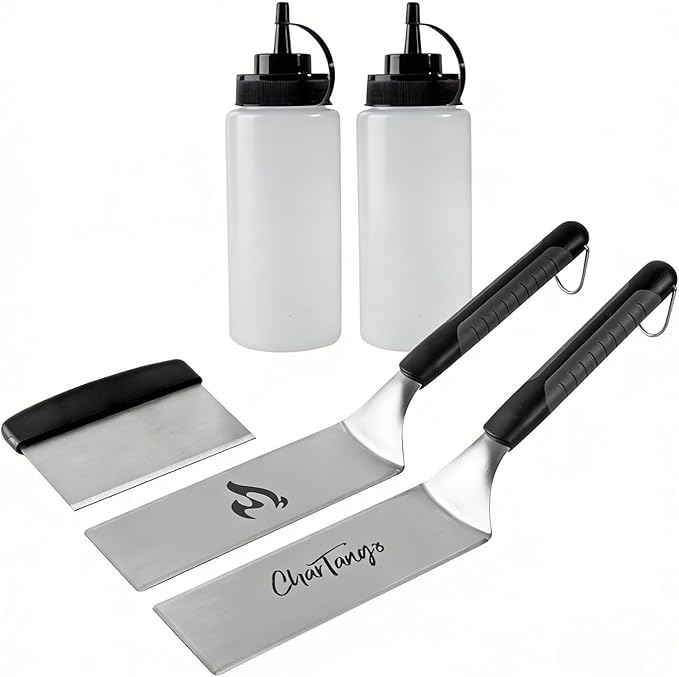 Blackstone Griddle Spatula Set 5-Piece - Heavy Duty 3mm Stainless Steel BBQ Tools with Scraper & Oil Bottles - Professional Griddle Accessories for Blackstone/Camp Chef/Hibachi/Camping Grill