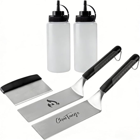 Blackstone Griddle Spatula Set 5-Piece - Heavy Duty 3mm Stainless Steel BBQ Tools with Scraper & Oil Bottles - Professional Griddle Accessories for Blackstone/Camp Chef/Hibachi/Camping Grill