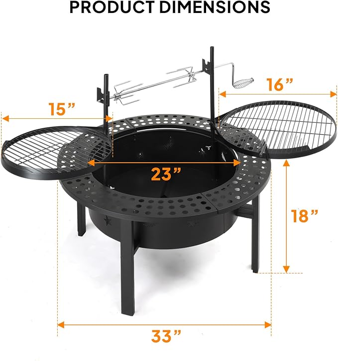 ROVSUN Upgrated 33'' Outdoor Fire Pit with 2 Grills, Grill with Side Shelves, Wood Burning Round Firepit with Swivel Cooking Grate, Removable Swivel Grill for Backyard, Patio, Picnic, BBQ and Parties