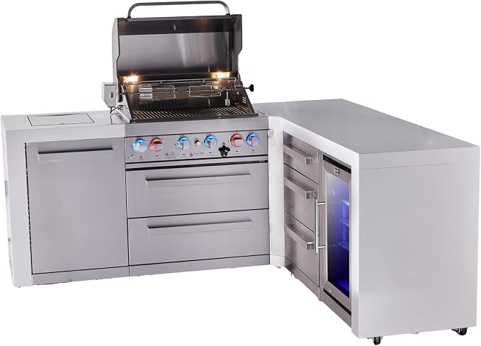 Mont Alpi Premium 4-Burner 82"x75" L-shaped 400 Deluxe Stainless Steel Island Modular Outdoor Kitchen Island BBQ Gas Grill + Infrared Side & Rear Burners + Refrigerator + Storage Drawers & Cabinets
