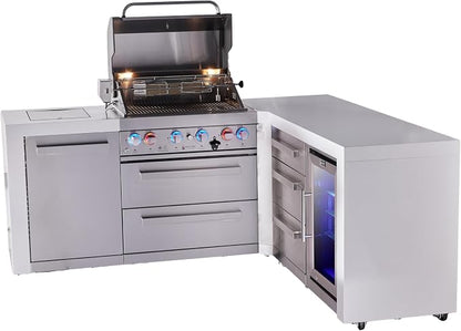 Mont Alpi Premium 4-Burner 82"x75" L-shaped 400 Deluxe Stainless Steel Island Modular Outdoor Kitchen Island BBQ Gas Grill + Infrared Side & Rear Burners + Refrigerator + Storage Drawers & Cabinets