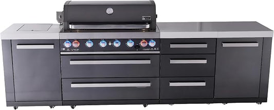 Mont Alpi Premium 119"W Black Stainless Steel Modular Outdoor Kitchen Island with Infrared Side and Rear Burners + 44"W 6-Burner BBQ Gas Grill + White Granite Countertops + Storage Cabinets & Drawers