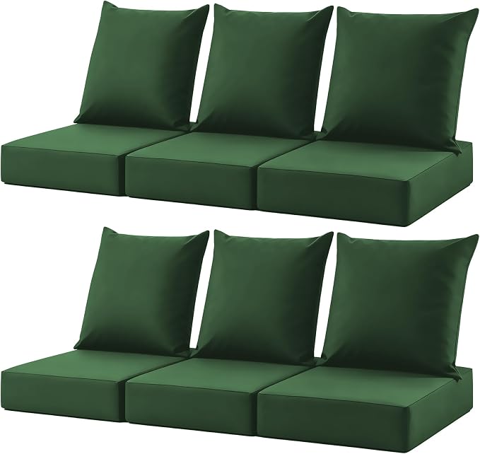 Patio Cushions for Outdoor Furniture, 24x24 Outdoor Couch Cushions, Waterproof & Fade-Resistant Patio Chair Cushions with Removable Cover, Replacement Outdoor Deep Seat Cushion, Forest Green(Set of 6)