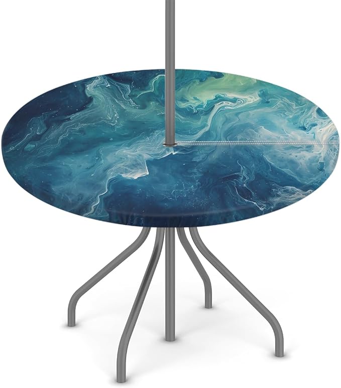 Turquoise Marble Round Fitted Tablecloth with Umbrella Hole and Zipper, 36"-44" Outdoor Elastic Table Cloth Oil-Proof Waterproof Patio Table Cover for Picnic Party Camping