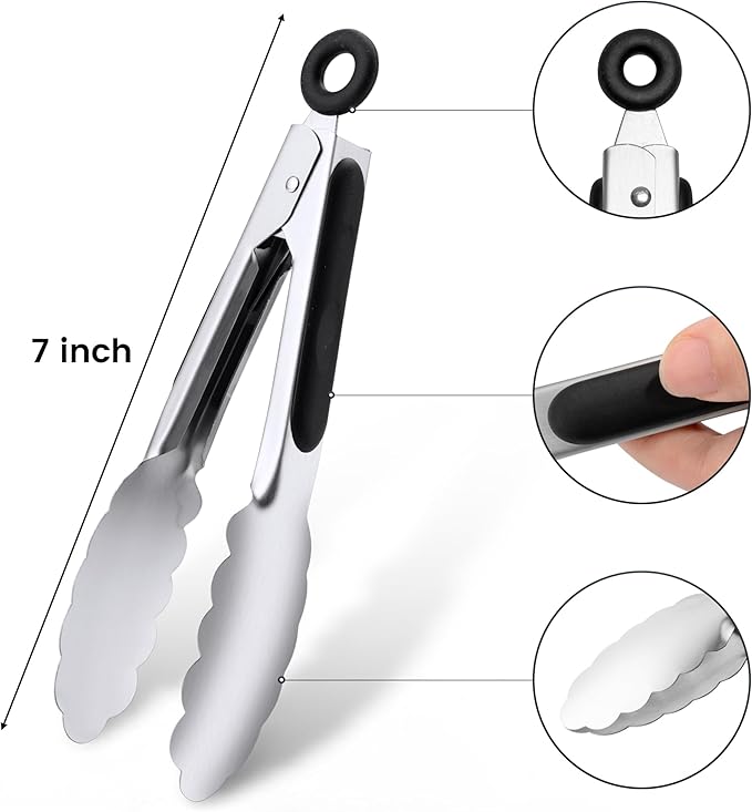 7" Small Kitchen Tongs Set of 3, Stainless Steel Ice Tongs Food Tongs, Mini Serving Tongs for Appetizers, Salad, Buffet (7", 3PCS)