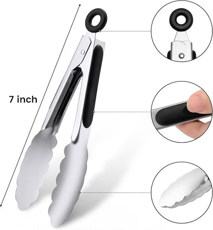 7" Small Kitchen Tongs Set of 3, Stainless Steel Ice Tongs Food Tongs, Mini Serving Tongs for Appetizers, Salad, Buffet (7", 3PCS)