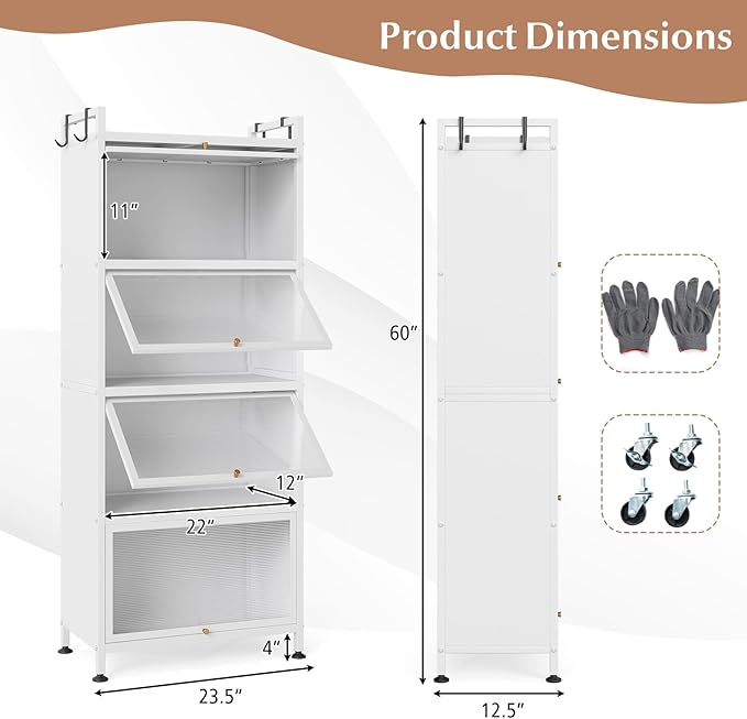 Giantex 5-Tier Kitchen Storage Cabinet, Mobile Microwave Stand with Flip-up PC Doors, Freestanding Kitchen Bakers Rack with 4 Rolling Casters, for Dining Room, Living Room and Study (White)