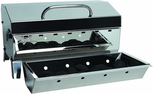 Kuuma "Kuuma Premium Stainless Steel Mountable Charcoal Grill w/Inner Lid Liner by Camco -Compact Portable Size Perfect for Boats, Tailgating and More - Stow N Go 160"" (58110)", silver