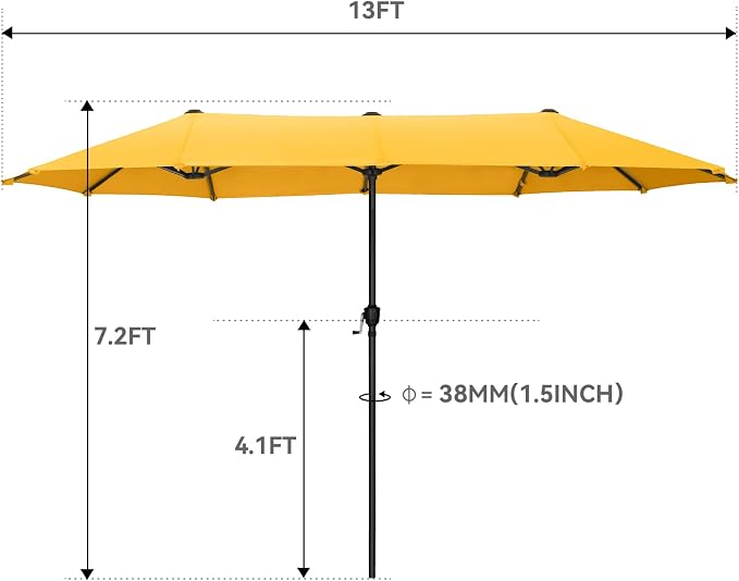 GREEN PARTY 13 ft Outdoor Patio Umbrella, Large Rectangular Table Umbrellas | Double-Sided, UV & Fade Resistant Canopy for Deck Poolside Garden Backyard, Market Umbrella with Crank & 1.5" Pole, Yellow