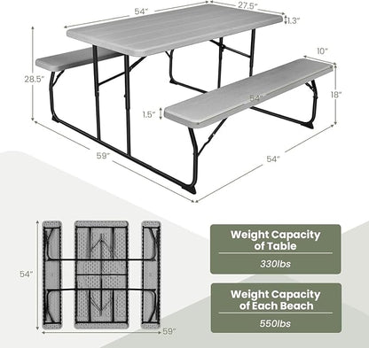 Goplus Foldable Picnic Table with Benches, Rectangular Camping Table Set with Metal Frame, Folding Indoor Outdoor Dining Table Set for Garden, Patio, Backyard (Grey)