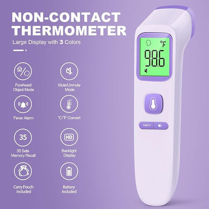 No-Touch Thermometer for Adults, Kids, Babies, 1-Sec Fast Accurate (Purple) | Fever Alarm, Large LCD with 3-Color Backlight, Silent Mode, 35-Reading Memory, Forehead & Object Mode, for Home & Clinic