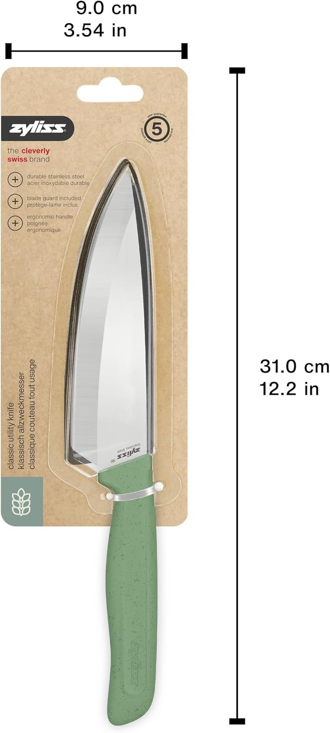 Zyliss Classic Utility Knife with Stainless Steel 15° Hollow-Ground Blade, Ergonomic Wheat Straw Handle, Finger Guard & Blade Cover, Dishwasher Safe Kitchen Knife