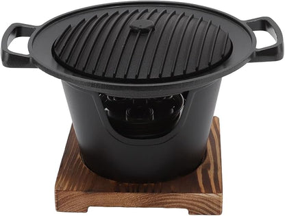 Single Person Grill Japanese Hibachi Grill Tabletop Portable Smokeless Cast Grill Korean BBQ Charcoal Grill Cast Iron Grill Platter, Charcoal Grill, Portable Charcoal Grill with Wooden Base