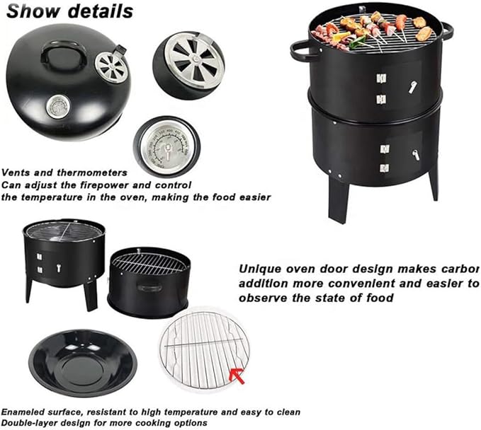 Double Layer Charcoal Grill & Smoker, Outdoor Wood Fired BBQ Stove with Vertical Design, 15.75" x 15.75" x 33.07" Traditional American Smokeless Grill for Garden, Camping, Backyard