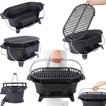 Grill Outdoor, Portable Charcoal Grill and Tabletop Cast Iron Skillet - 100% Cast Iron, Enameled, Durable for Camping, Tailgating, Picnics & Hunting (Square)
