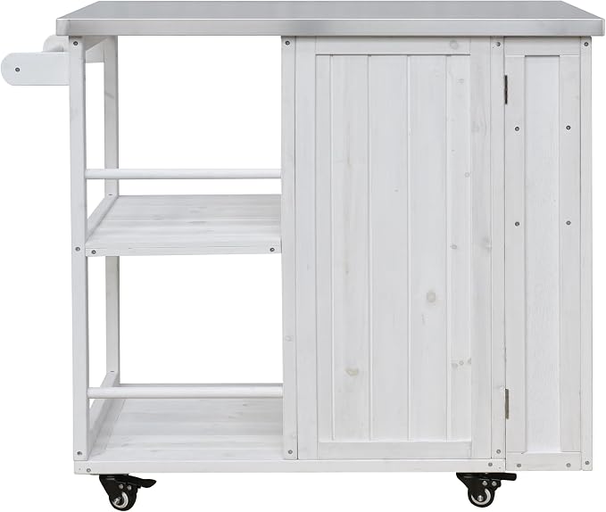 JIVOIT Outdoor Kitchen Island with Stainless Steel Worktop, Fir Wood Prep Station Lockable Kitchen Cart with Ample Storage Space, Towel and Spice Racks for Patio and Outdoor (White/122)