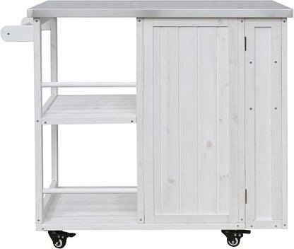 JIVOIT Outdoor Kitchen Island with Stainless Steel Worktop, Fir Wood Prep Station Lockable Kitchen Cart with Ample Storage Space, Towel and Spice Racks for Patio and Outdoor (White/122)