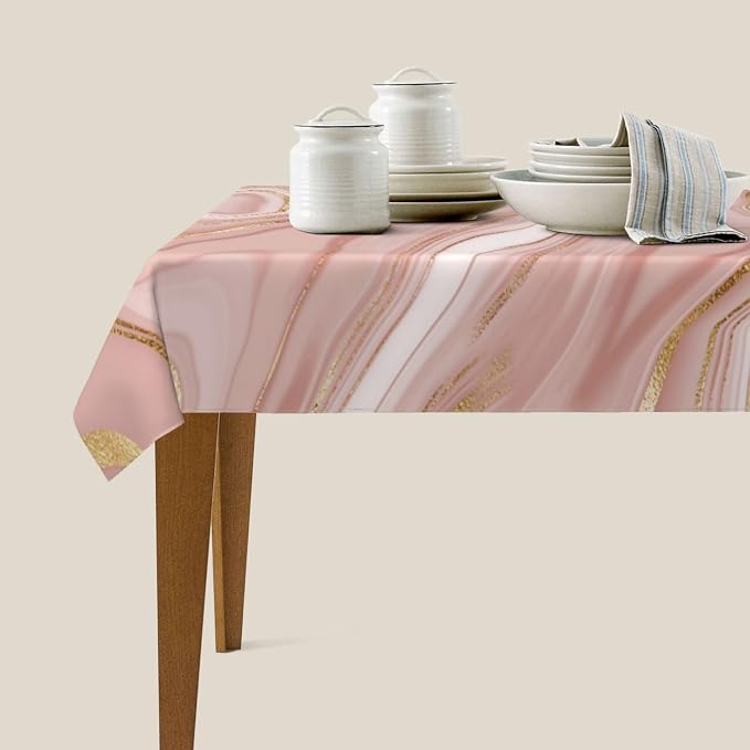 Pink Golden Marble Tablecloth for Dining Room Kitchen 54"x72" | Birthday Party Decorations, Rose Pink Modern Table Cover Waterproof Rectangular